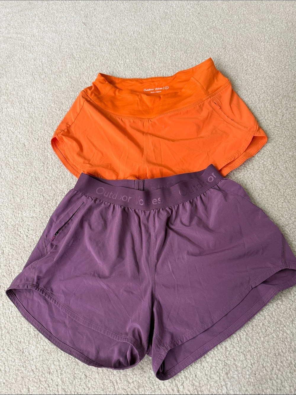 Outdoor Voices Two-Pack Athletic Shorts in Orange & Purple
